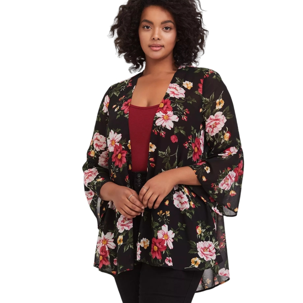 Torrid  Black Floral Chiffon Kimono Size 1X/2X
